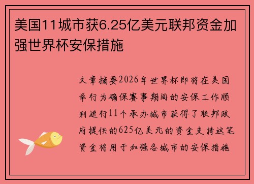 美国11城市获6.25亿美元联邦资金加强世界杯安保措施