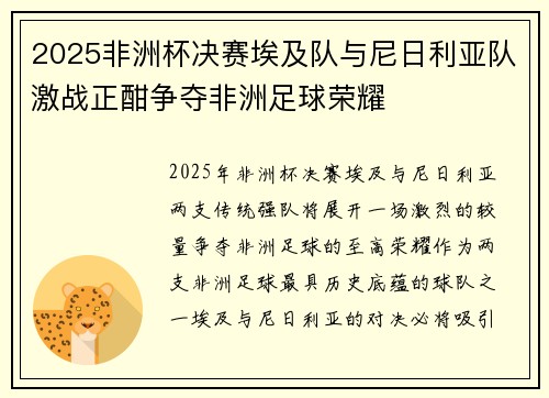 2025非洲杯决赛埃及队与尼日利亚队激战正酣争夺非洲足球荣耀